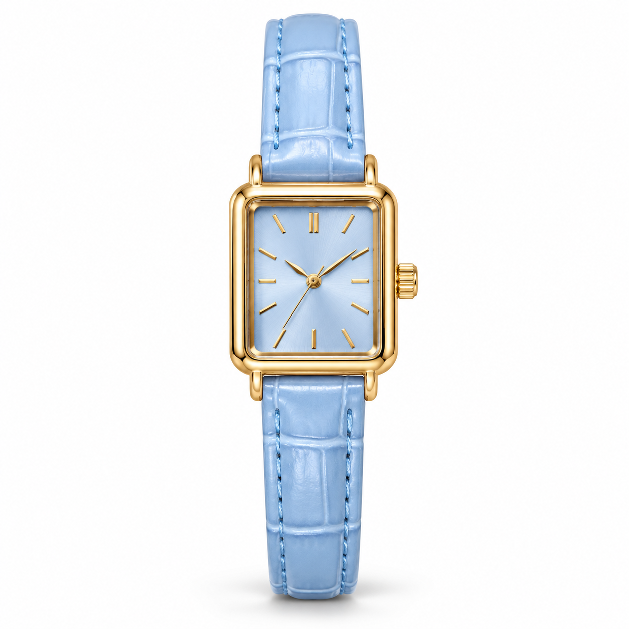Montre femme rectangulaire bleu ciel et doré